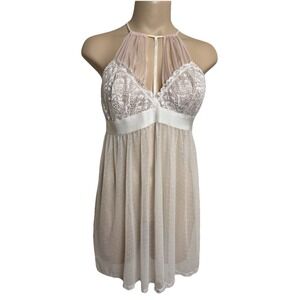 Seductive Wear by Cinema Etoile L White Sheer Lace Babydoll Coquette High Neck